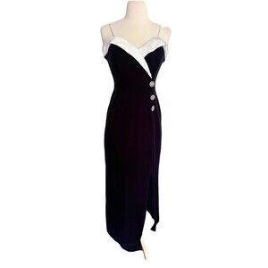 Betsy & Adam Formal Long Black Velvet Tuxedo Dress Size 3/4 Slit Sexy Vintage